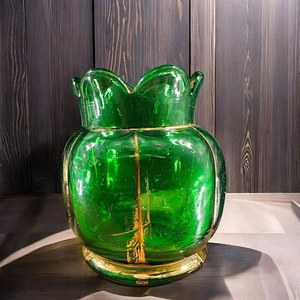 Antique EAPG Riverside Glass Vase Vessel Hand Painted Gold Lines‎ Green Vase VTG